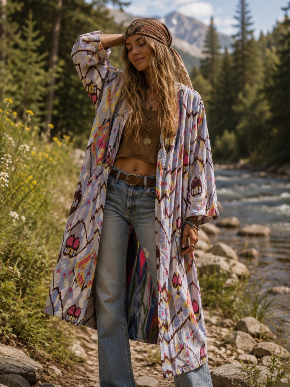 Boho Floral Pattern Lavender Kimono Duster